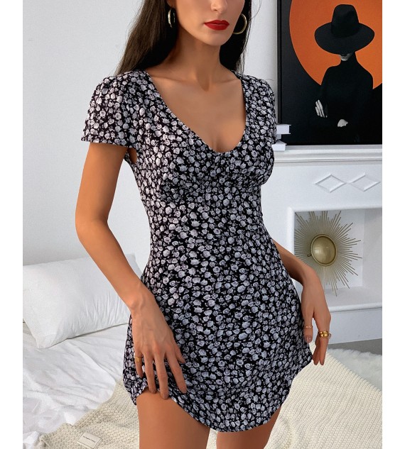 Floral Print Casual Beach Dress Sexy V-Neck Wrap Bodycon Mini Dress Ruffles