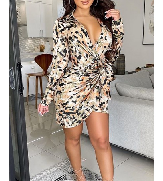 All Over Leopard Print Knot Front Ruched Shirt Dress