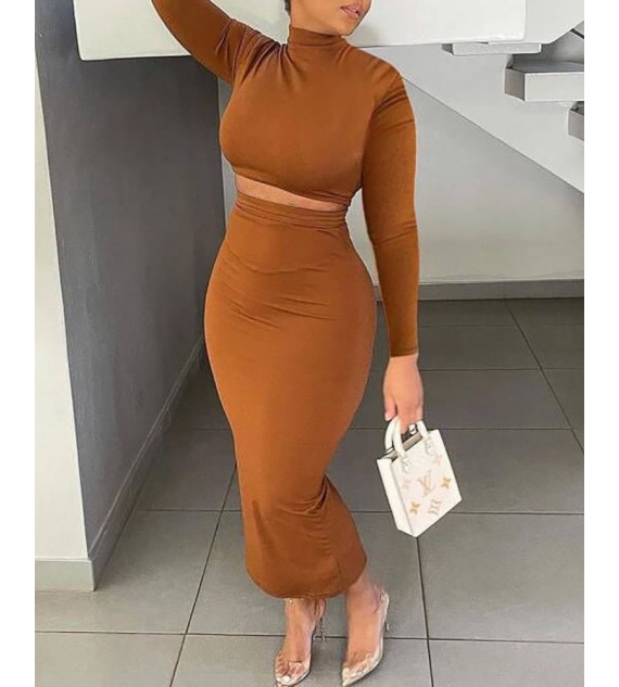 Long Sleeve Crop Top & High Waist Skirt Set