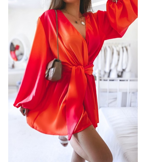 Ombre V-Neck Lantern Sleeve Belted Casual Dress