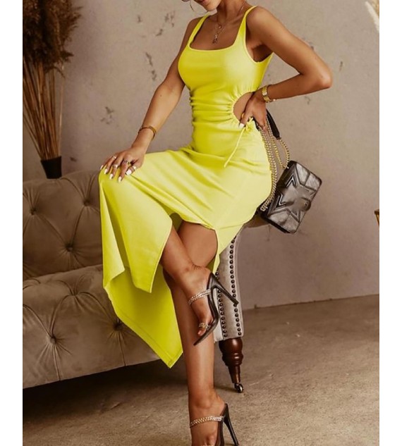 Drawstring Ruched Cutout Slit Maxi Dress