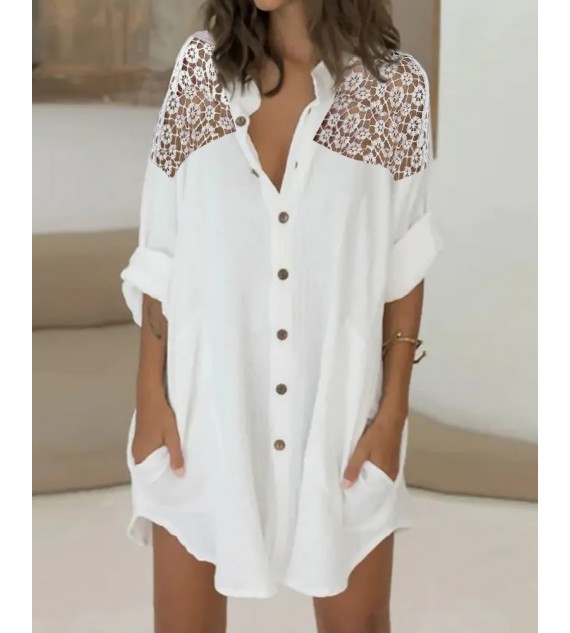 Crochet Lace Patch Buttoned Shirt Dress
