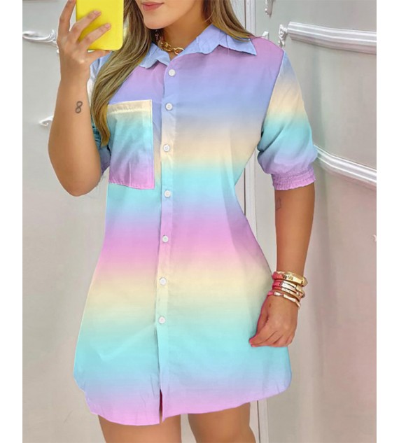 Color Pocket Design Buttoned Shirt Dress