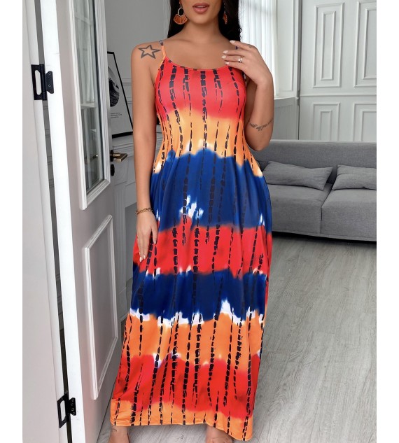 Tie Dye Printed Long Maxi Dress Spaghetti Strap Summer Casual  Beach Party Dress