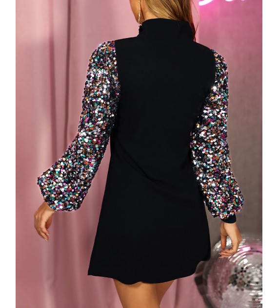 Color rt Mock Neck Lantern Sleeve Sequins Dress