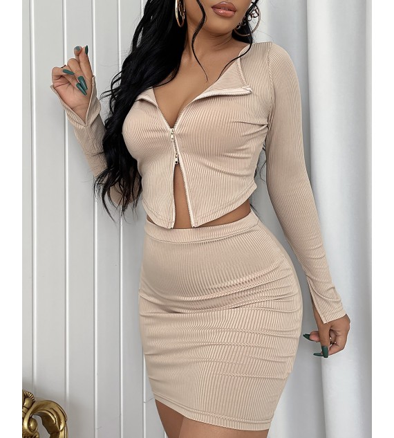 Ribbed Zip Front Top & Skirt Set