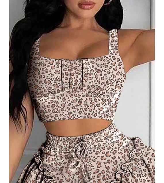 Cheetah Print Top & Drawstring Frill Hem Skirt Set