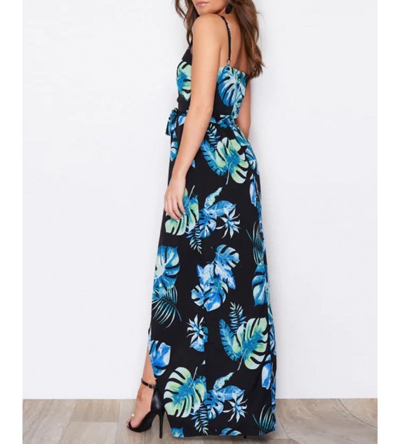 Tropical / Polkadot Print Striped High Slit Maxi Dress