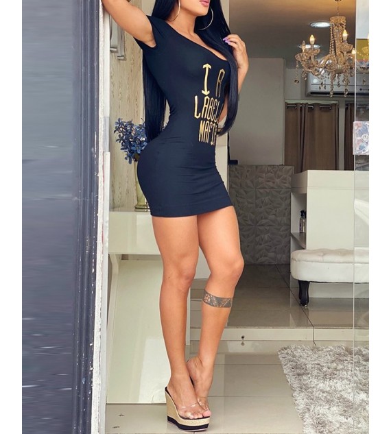 Letter Print Short Sleeve Bodycon Dress
