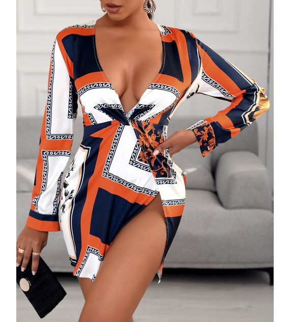 Floral Print Color Twisted Shirt Dress Women