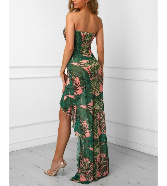 Leaf Printed Irregular Ruffles Hem Tube Dress