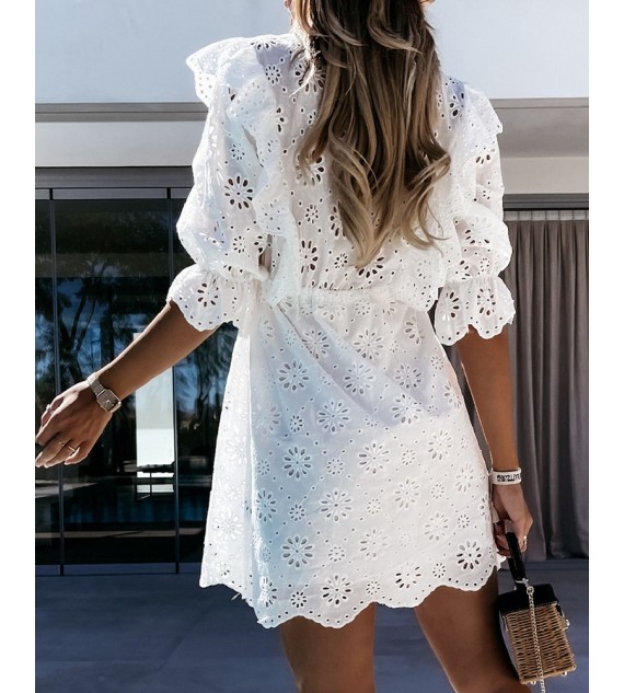 Eyelet Embroidered Button Design Casual Dress