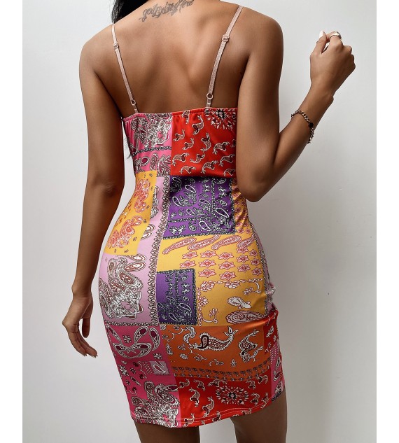 Paisley Print Spaghetti Strap Square Neck Bodycon Dress