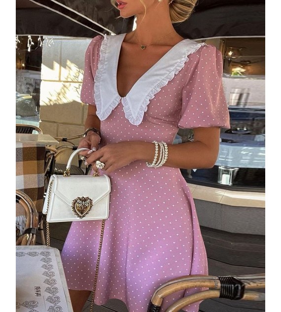 Polka Dot Print Frill Hem Puff Sleeve Dress