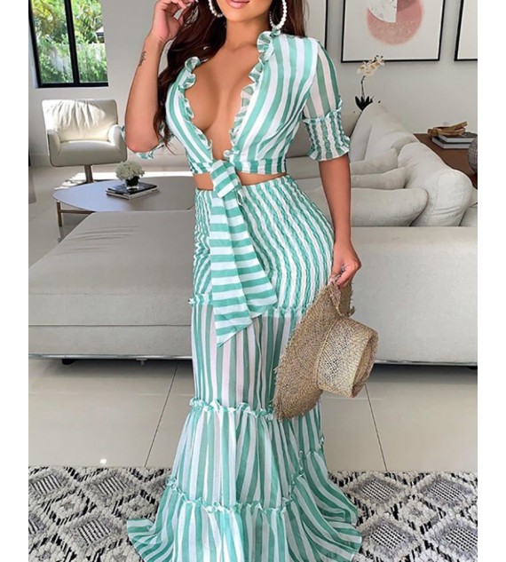 Striped Print Deep V Neck Maxi Bodycon Women Dress