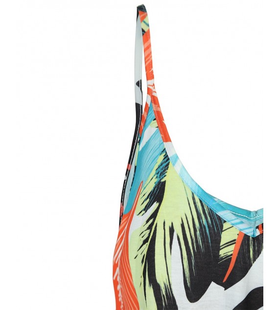 V Neck Dresses Leaf Print Casual Beach Party Swing Dress With Pockets