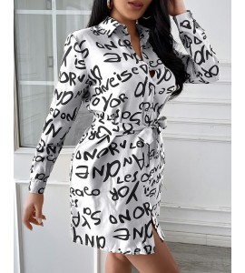 Long Sleeve Letter Print Button Design Shirt Dress