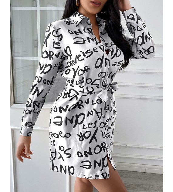 Long Sleeve Letter Print Button Design Shirt Dress