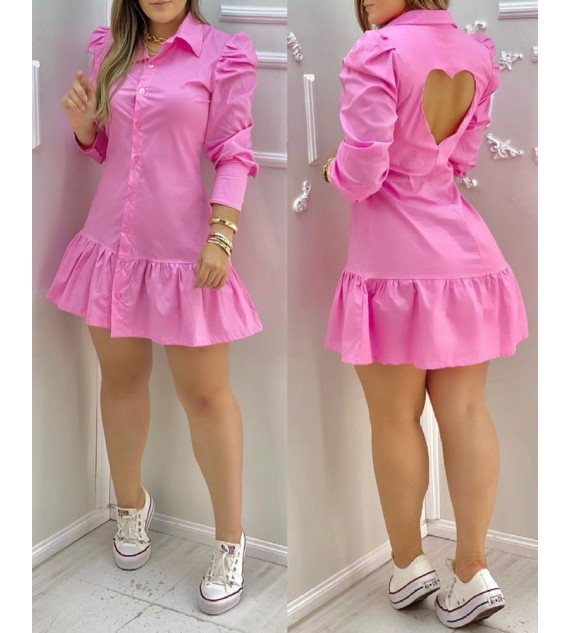 Heart Cut Back Puff Sleeve Shirt Dress