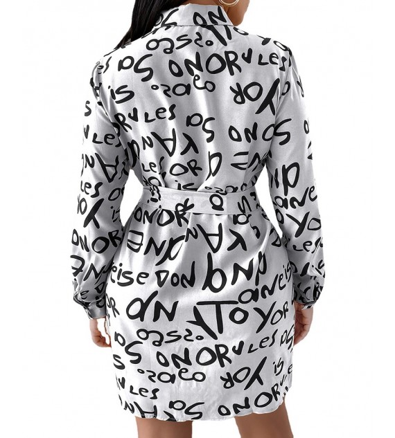 Long Sleeve Letter Print Button Design Shirt Dress
