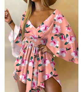 Floral Print V-Neck Batwing Sleeve Shirred Waist Mini Dress
