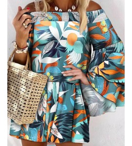 Off Shoulder Shirred Bell Sleeve Tropical Print Dress