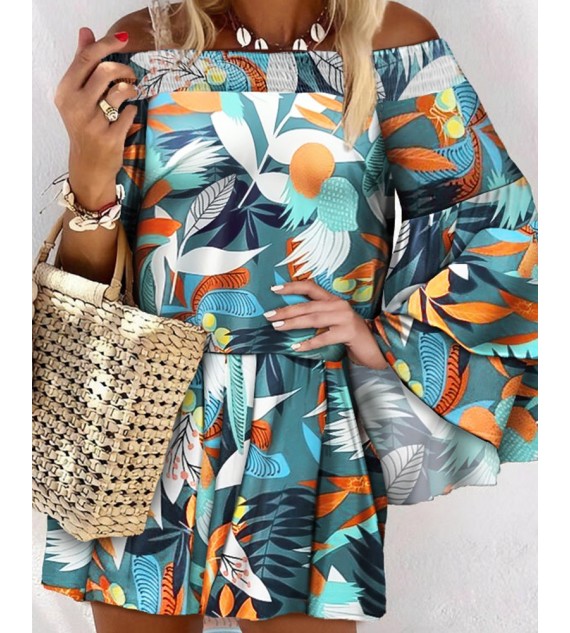 Off Shoulder Shirred Bell Sleeve Tropical Print Dress