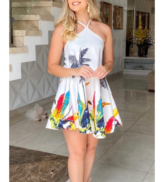 Leaf Palm Tree Print Halter Casual Dress