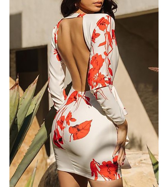 Floral Print Ruched Ruffles Backless Dress