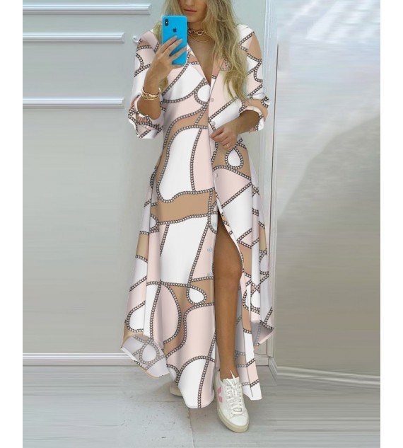 Chain Print Button Front High Slit Shirt Dress