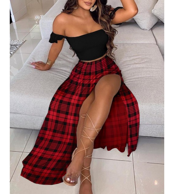 Off Shoulder Crop Top & High Slit Plaid Maxi Skirt Set