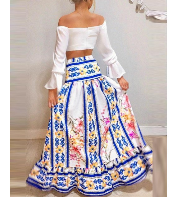 Off Shoulder Notched Flared Sleeves Crop Top & Floral Print Maxi Skirt Set