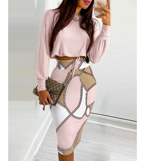 Long Sleeve Top & Chain Print Color Drawstring Shirred Skirt Set