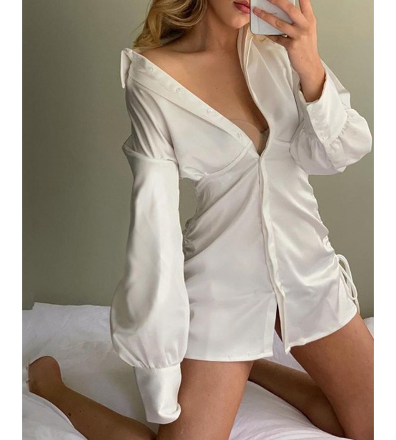 Satin Side Drawstring Women Shirt Dress