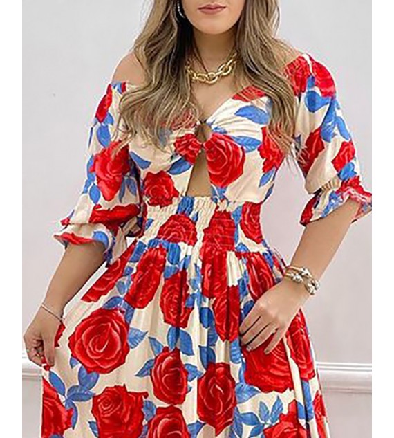 Floral Print Cutout Half Sleeve Maxi Dress