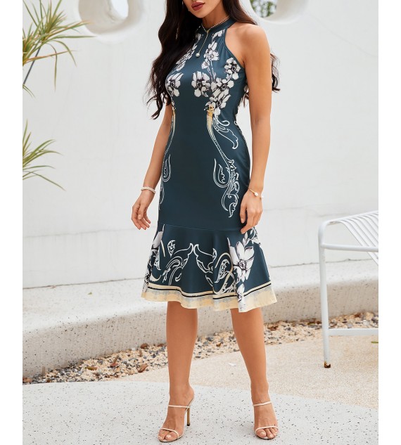 Floral Print Cutout Back High Neck Mermaid Dress