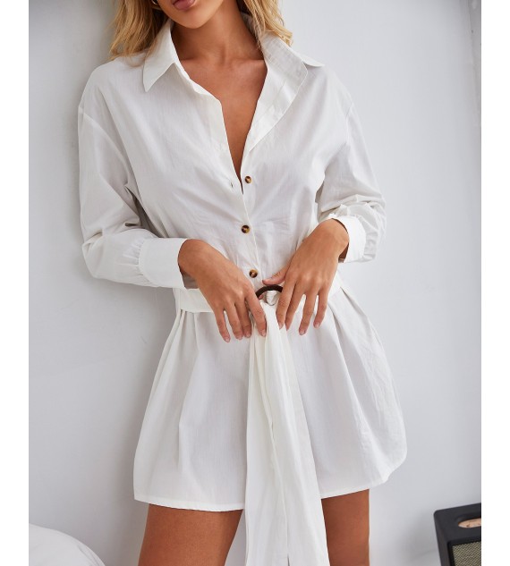 Lantern Sleeve Buttoned Tied Detail Shirt Dress