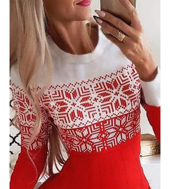 Christmas Snowflake Print Long Sleeve Pleated Dress
