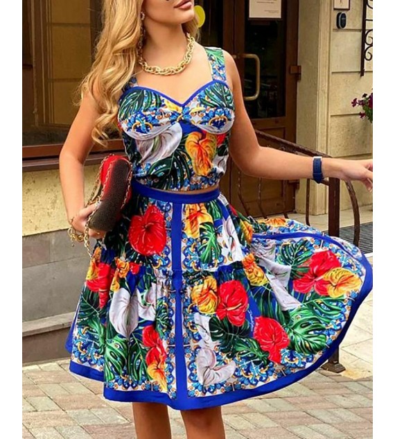 Tropical Print Tank Top & Midi Skirt Set