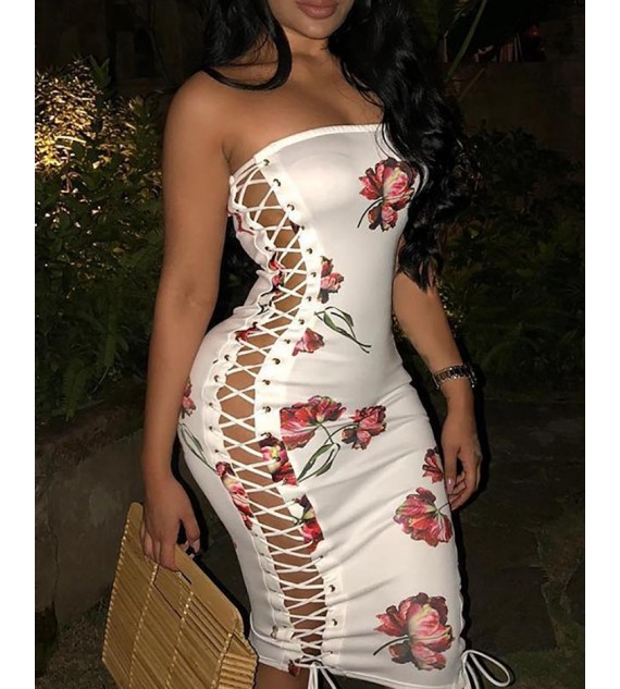 Floral Lace-Up Side Strapless Bodycon Dress