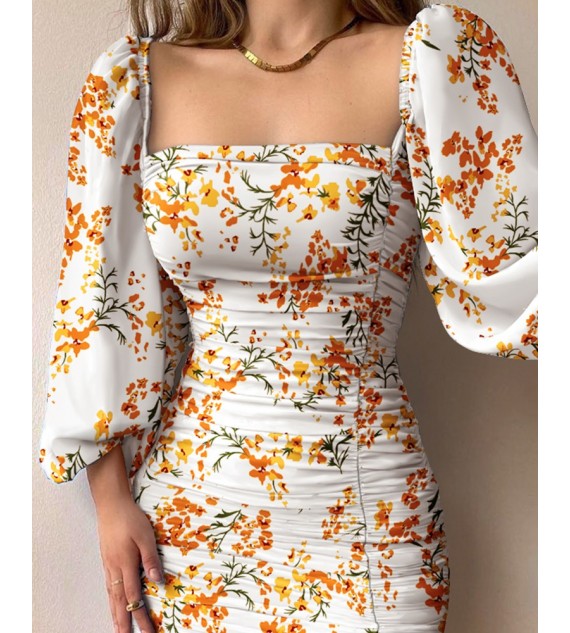 Floral Print Lantern Sleeve Ruched Bodycon Dress
