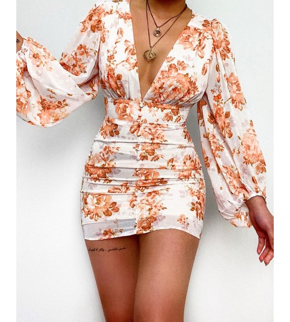 Floral Print Deep V-Neck Lantern Sleeve Bodycon Dress
