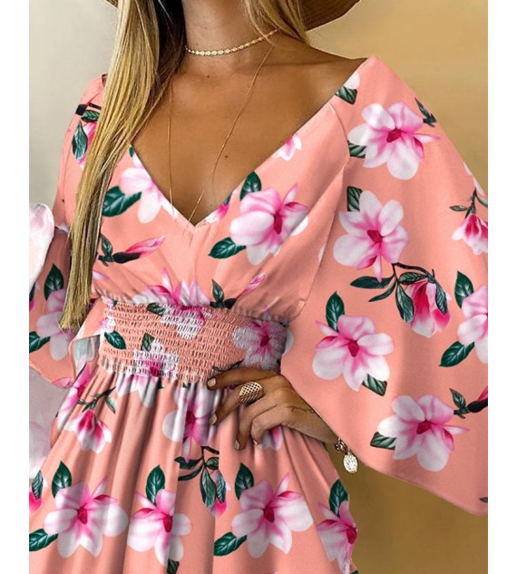 Floral Print V-Neck Batwing Sleeve Shirred Waist Mini Dress
