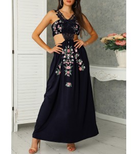 Lace Cut Out Floral Print Pleated Maxi Women Dress
