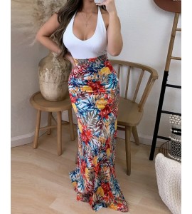 Tropical Print Patch Halter Sleeveless Maxi Dress