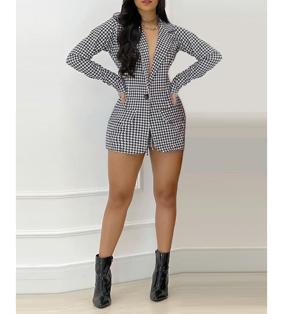 Plaid Print Buttoned Blazer Coat & Skirt Sets
