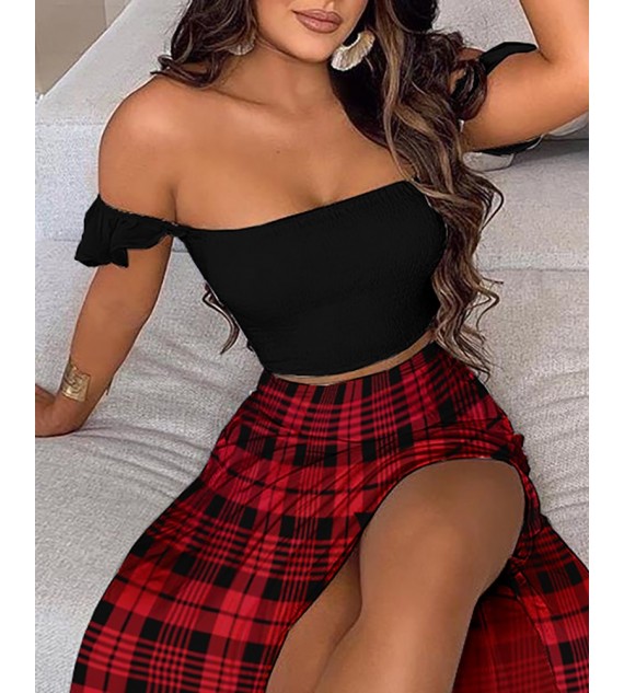 Off Shoulder Crop Top & High Slit Plaid Maxi Skirt Set
