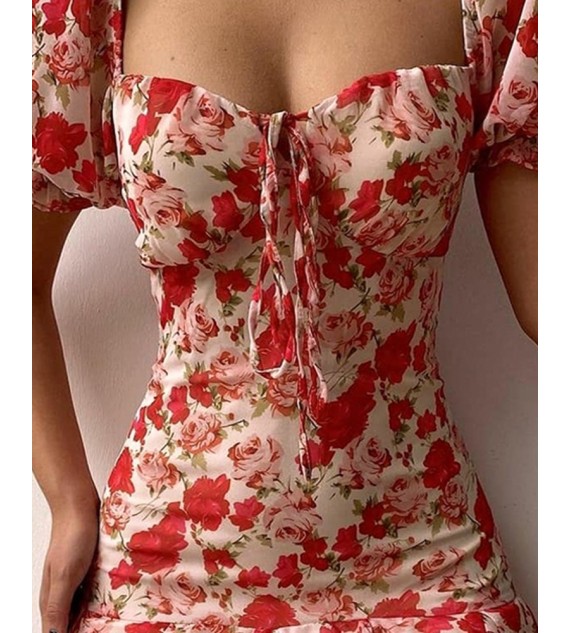 Floral Print Puff Sleeve Ruffle Hem Dress Short Sleeve Summer Dress