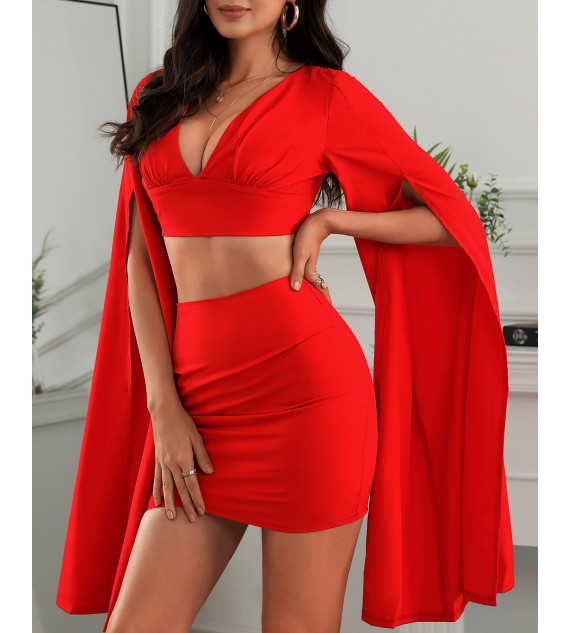 Plain Cape Sleeve Plunge Crop Top & Ruched Skirt Set