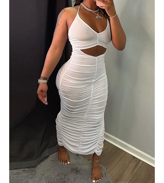 Halter Backless Cutout Ruched Slit Maxi Dress